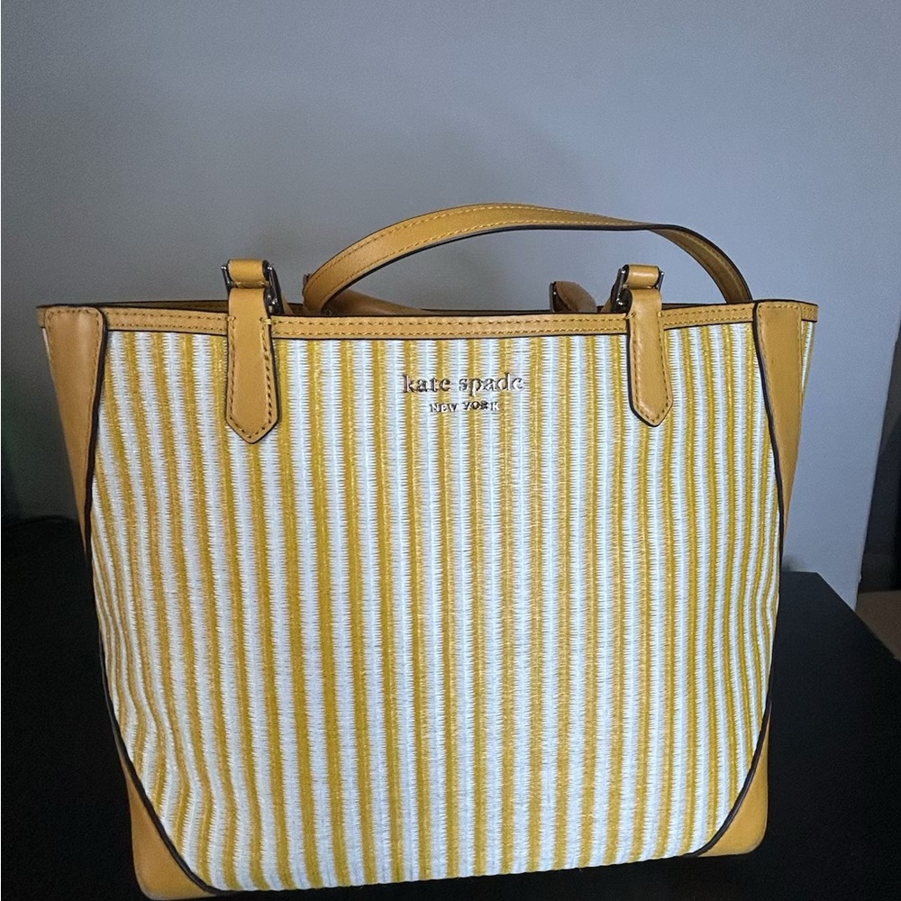 Kate Spade Yellow and White NY Buddie Striped Straw Tote